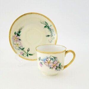 Rare Antique German Hand Painted Demitasse Set Pink Floral Heavy Gold 1907-24